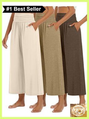 Wide Leg Capri Pants High Waisted Pleated Loose Fit Yoga Lounge 3 Pack